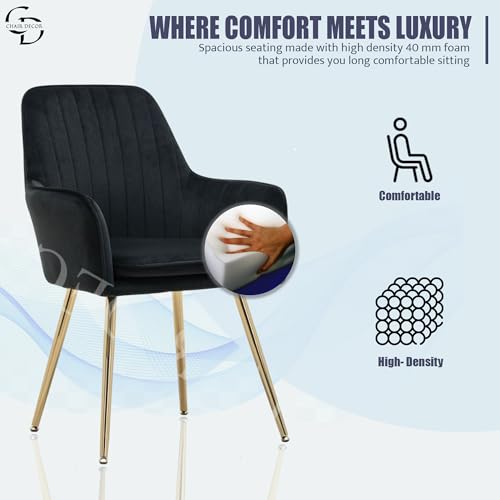 Image of Velvet Accent Chair with Matching Pouffe & Floral Cushion | Modern Upholstered Armchair with Gold Metal Legs | Lounge Chair for Living Room, Bedroom, Office, Guest Room (Black)
