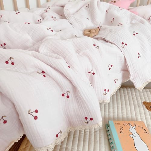 Image of BuLuTu Kids Toddler Muslin Cotton Quilted Blanket 60x78 Inches, Cute Cherry Print Children Comforter for Toddler /Twin Bed, Soft Breathable Boys Girls Quilt, Machine Washable