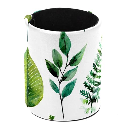 EGJHNSKZ Pen Holder for Desk, Watercolor Green Leaves Branches Twigs Round Leather Stand Pencil Cup Office Desk Organizer for Women Men Teachers, 3.9 x 3.9 x 3.1 inches
