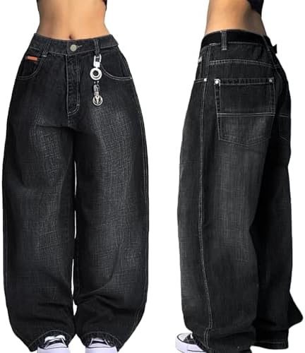 EMMIOL Women Boyfriends Hip Hop 90s Vintage Baggy Jeans Loose Denim Pants Mid-Low Waist Jeans