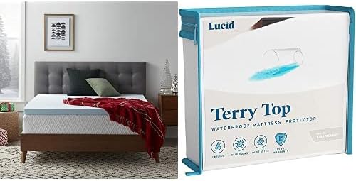 LUCID 2-Inch Ventilated Gel Infused Memory Foam Mattress Topper - Queen & Premium Hypoallergenic 100% Waterproof Mattress Protector - Universal Fit, Cotton Terry Top, Queen