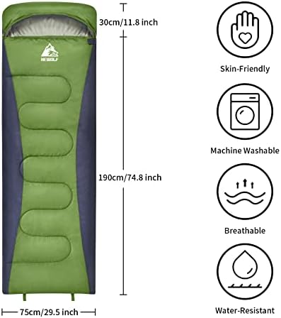 HEWOLF Sleeping Bag for Adults Camping 4 Season Warm Rectangular Sleeping Bags Lightweight Single Square Sleeping Bags Green Indoor Outdoor Use with Compact Compression Sack
