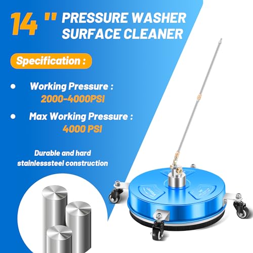 Pressure Washer Surface Cleaner with 4 Wheels - Stainless Steel Surface Cleaner for Pressure Washer Attachment for Concrete, Driveway, Patio, Sidewalk, Deck and Driveways (14 INCH Blue)