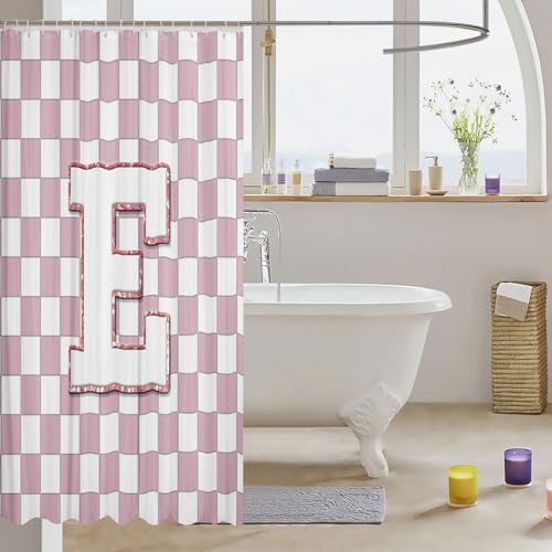 Image of Erosebridal Pink Initial E Shower Curtain 72 inch Wx72 L Kawaii Plaid Checkered Bathroom Curtain Cute Personalized Monogram Bathroom Accessories for Kids Girls,Fashion Grids Gingham Shower Decor