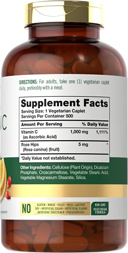 Carlyle Vitamin C 1000Mg | 500 Vegetarian Caplets | Ascorbic Acid With Wild Rose Hips | High Strength Formula | Non-Gmo And Gluten Free Supplement #TOP1