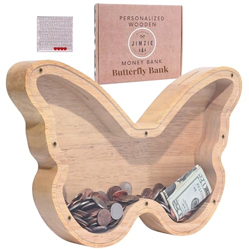 JIMZIE Wooden Butterfly Piggy Bank for Boys, Girls, and Adults - Clear Piggy Bank with Transparent Window and Letter Stickers -Toddler Piggy Bank - Unbreakable Coin Bank- Large Piggy Bank 13?x 8?
