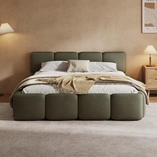 Merax Queen Linen Blend Platform Bed, Thick Headboard and Footboard, Green