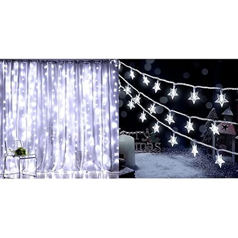 HEYFUNi Fiee Fairy 304LED Curtain Lights, 9.8ftX9.8ft 8Modes Window Lights & 100 LED 33 FT LED Star String Lights (White) Cover