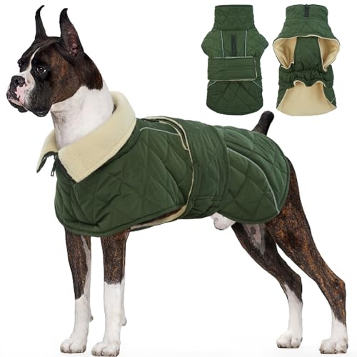 Kuoser Dog Winter Coat Waterproof Dog Snow Jacket, Warm Fleece Lined Pet Turtleneck Snowsuit Puppy Cold Weather Coats with Harness Hole, Adjustable Winter Vest for Medium Large Dogs, Green,