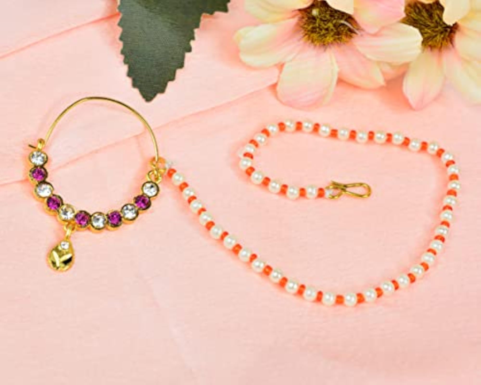 Plated Pearl Nath Chain Nose Ring for Girls