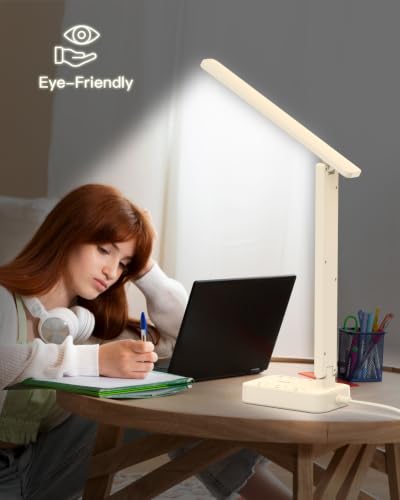 Image of Addtam LED Desk Lamp, Power Strip with 3 Outlets 4 USB Charging Ports(2 USBC), 4 Modes 5 Level Brightness Touch Lamp, Small Desk Lamp for Home Office College Dorm Room Essentials, Cream