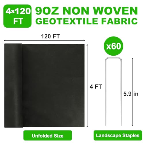 9oz Non Woven Geotextile Fabric for French Drains, 4x120FT High Permeability Drainage Fabric with Stakes Heavy Duty Landscape Fabric for Gravel Grid, Garden, Flower Beds, Weed Control, Erosion Control by SJPULMO - Image 3