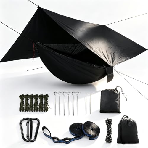 Oversized rain Rope tarp and Camping Hammock with Mosquito net, Portable Single Double Hammock with Tree Strap Hammock Set for Camping, Backpacking hikes, Outdoor Backyard（Black）