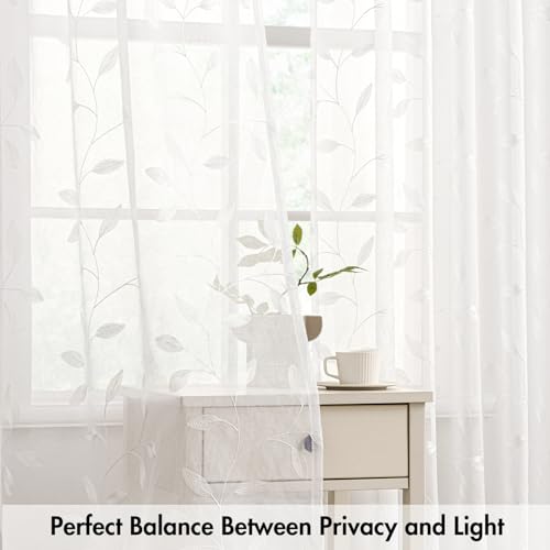 MIULEE White Curtains 2 Panels Embroidered Leaf Patterned Rod Pocket Floral Semi Sheer Faux Linen Window Curtains Drapes for Living Room Bedroom Farmhouse, 52x63 Inches Long by MIULEE - Used condition - Image 5