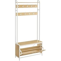 Perchero Recibidor Moderno VASAGLE Perchero Zapatero, Perchero Recibidor, con Banco Zapatero, 9 Ganchos, Estante Superior, Pasillo Dormitorio Salón, Estilo Moderno, Roble y Blanco HSR405W09