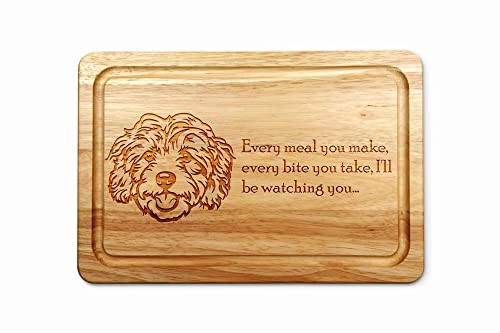 Hardwood Chopping Board with Cavapoo Dog Design - 30x20 cm Kitchen Cutting Board with Juice Groove - Gift Idea for Him or Her, Christmas & Birthdays - Made in The UK