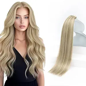  Tape in  Extensions Human  Highlights for Daily Wear | Invisible  Extension Tape, Flat-Laying Tape, Natural Movement, Ash Blonde Highlights Golden Blonde, 12inch 30g 20Pcs