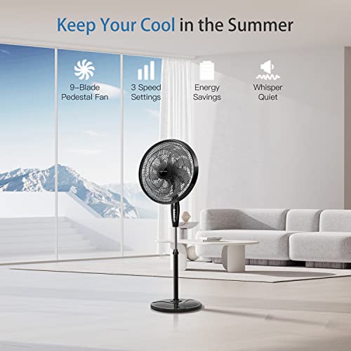 Taylor Swoden 16 Inch Oscillating Standing Pedestal Fan, 9-Blade Standing Oscillating Fan With Adjustable Height, 3 Speed And Dc Motor Quiet Pedestal Fan For Bedroom Home Office, Black #TOP1