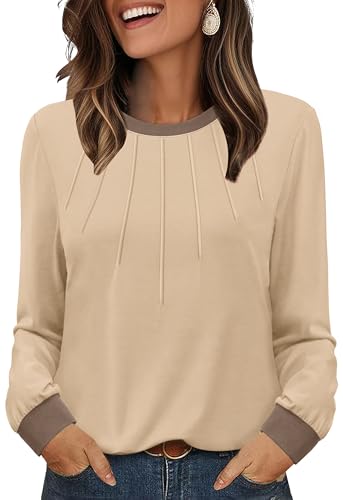 XIEERDUO Plus Size Tops for Women Long Sleeve Shirts for Women Color Block Business Casual Tops Womens Fall Fashion 2025 Basic Tees Apricot XXL