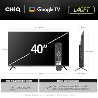 CHiQ L40FT Smart TV 40" (100 cm), Full HD, HDR10, Google TV OS, Dolby Audio & dbx-tv, Tuner Triplo DVB-C/T/T2/S/S2, Chromecast Incorporato, Design Metallico Senza Cornice HEVC Main 10