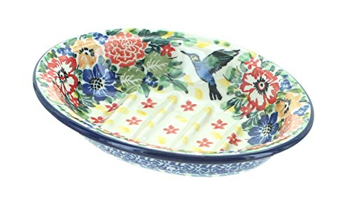 Blue Rose Polish Pottery - Red Hummingbird Soap Dish - 5.5\" x 4.25\" - Handcrafted Decorative Holder for Bar Soap