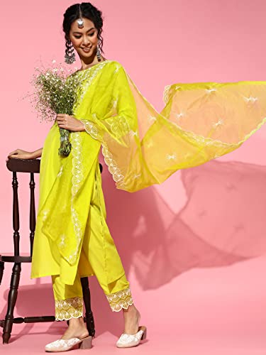 Image of INDO ERA Women's Silk Blend Floral Embroidered Straight Kurta with Pant & Dupatta Set (21DDD8446 Olive)