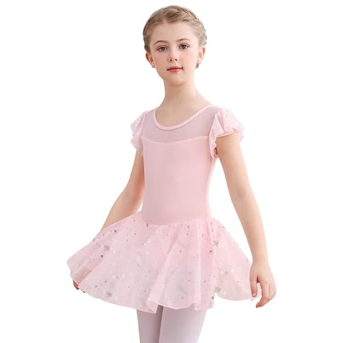 Foto von Aiseyi Mädchen Ballettkleidung Stern Ballettkleid Baumwolle Tanzkleid Rosa Ballett Trikot Kurzarm Ballettanzug Kinder Ballerina Kleid Balletttrikot Ballett Kleider 3-4 Jahre