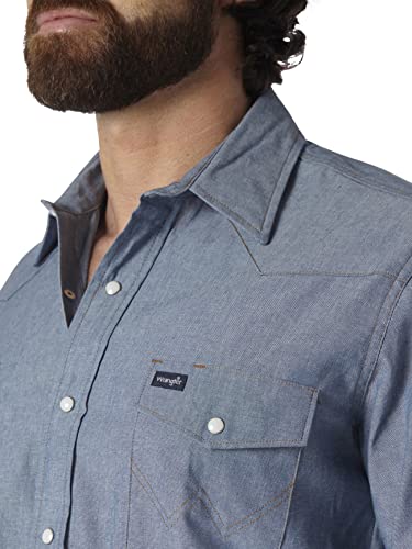 Wrangler Mens Cowboy Cut Western Long Sleeve Snap Work Washed Finish Button Down Shirts, Medium Blue Chambray, 15.5 Neck 34 Sleeve Us #TOP2
