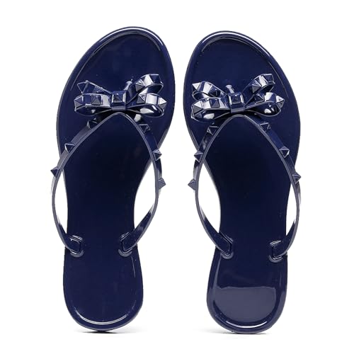 Image of Studded Jelly Shoes for Womens Bow Flip Flops Jellies Sandals Flat Black Summer Beach Thong with Rivets Strappy Slides Slip On