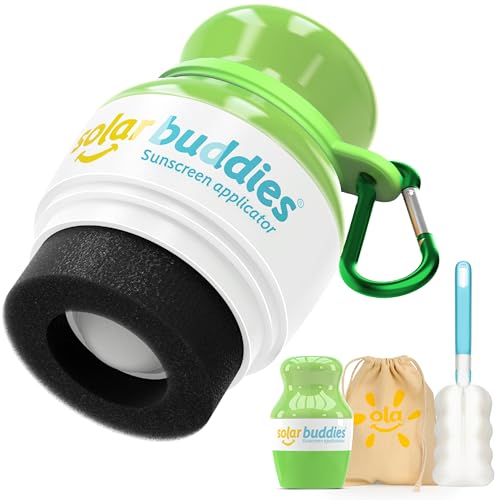 Solar Buddies Grab & Go Reisebundle Karabiner-Clip & Reinigungsbürste Grün Vollgröße Nachfüllbarer Roll-On Schwamm Sonnencreme- & Lotion-Applikator für Kinder Erwachsene & Familien 100 ml