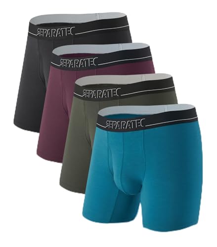 Separatec Separate Pouch Mens Underwear Breathable & Soft Moisture Wicking Micro Modal Support Boxer Briefs with Fly 4 Pack, Black*1+olive Green*1+dark Grape*1+peacock Blue*1, L