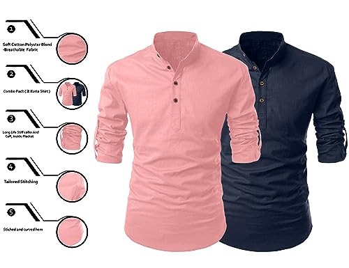 Image of FINIVO FASHION Combo of Men's Cotton Blend Solid Regular Fit Full Sleeve Straight Short Kurta Shirt, Casual and Formal Wear
