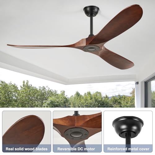 Image of 60'' Outdoor Ceiling Fans without Light,3 Solid Wood Blades with DC Silent and Large Airflow,Modern Ceiling Fan for Bedroom,Living Room,Porch (dark walnut)