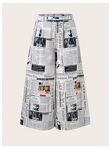 WDIRARA Women's Plus Size Newspaper Print Wide Leg Pants Elastic High Waisted Palazzo Pants with Pockets3