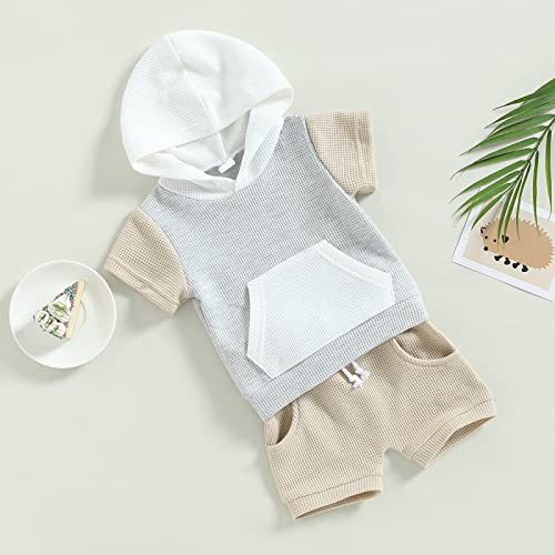 Baby Boy Clothes Summer Short Sleeve/Sleeveless Hoodie T-Shirt Tops Casual Shorts Set Toddler Boy 2Pcs Outfits (A-Grey Khaki Waffle Knit, 0-6 Months) #TOP1