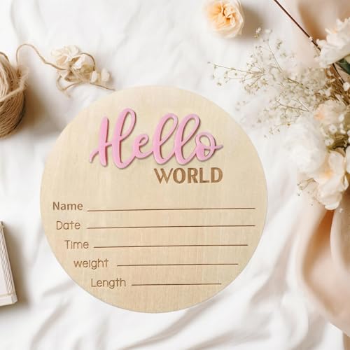 Image of Baby Announcement Sign, 5.9 Inch Wooden Hello World Newborn Signs, Birth Announcement Sign, Baby Shower Hospital Nursery for Newborn Boys and Girls (Pink,Pen)
