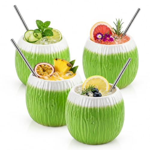 Image of ZENFUN 4 Pack Ceramic Tiki Mugs, 17 oz Green Coconut Mug, Hawaiian Party Mugs for Gifts, Cocktail Glasses, Tiki Drinking Cups for Mai Tai, Pina Colada, Tiki Bar Professional Barware