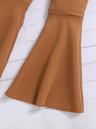 Hilinker Girl's Long Sleeve 2 Piece Outfits Ribbed Ruffle Cold Shoulder Top and Flare Pants Set White Brown 13-14 Year — view 6