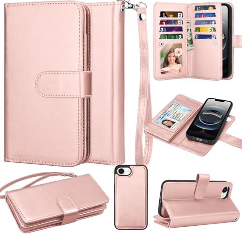Takfox Wallet Case for iPhone 16E, for iPhone 16E 6.1" Case, PU Leather Credit Card Holder [9 Card Slots] Folio Flip Detachable Magnetic Cover Kickstand & Lanyard for iPhone 16 E /SE4 2025, Rose Gold by Takfox - Used condition - US$11.14