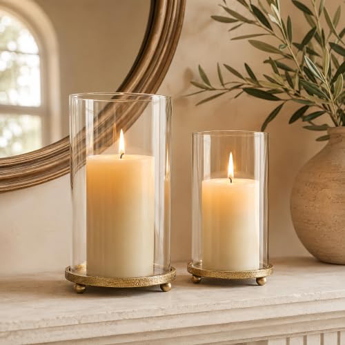 Gold Hurricane Glass Candle Holders Set of 2 for Pillar Candles, Two Sizes