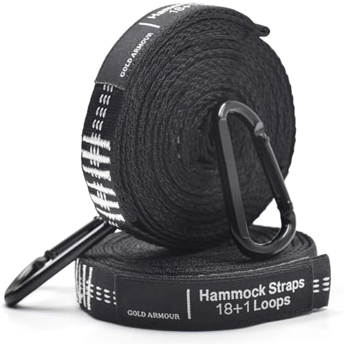 Gold Armour Hammock Straps XL, Camping Hammock Tree Straps Set (2 Straps, 2 Carabiners, Carrying Bag), 20 ft Long Combined, 36 Loops, Must Have Accessories & Gear (Black with White Stitching) - Thumbnail 2