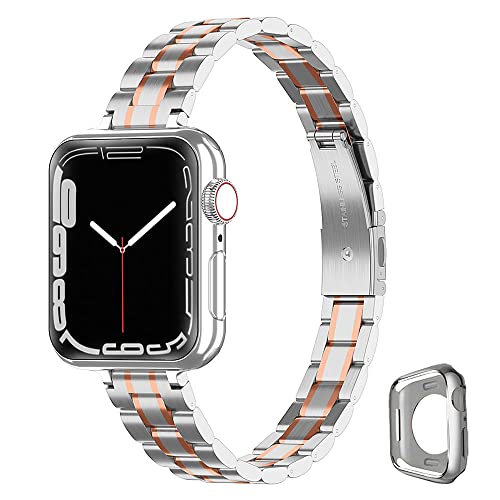CSJCUBIC Metal band Compatible with Apple Watch Band 38mm 40mm 41mm 42mm 44mm 45mm for women, Slim and Thin Stainless Steel Replacement Adjustable Wristband for iWatch Series 7654321SE (Rose