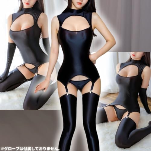 [MORApink] レオタード セクシー 過激 透け ハイネック 光沢 シースルー セット コスプレ ニーハイ ボディースーツ ボディタイツ 谷間 伸縮性 大きいサイズ - 画像3