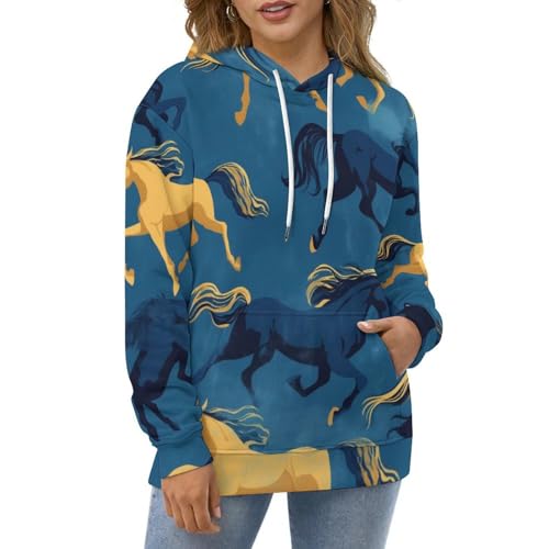 Sweat à capuche bleu brun au design cheval et finitions premium