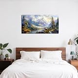 SERIMINO Obraz ścienny góry i las krajobraz 50 x 100 cm, naturalny krajobraz ścienny, klasyczny obraz z motywem naturalnym do pokoju gościnnego, sypialni i gabinetu