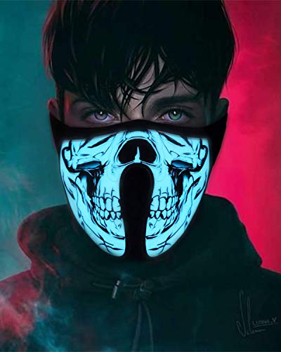LED Mask Sound Activated Mask Light Up Mask Sound Reactivated Mask Led Bandana Light Up Face Mask Halloween Cosplay Scary for Rave, EDM, EDC, Party Dancing,Riding,Skating,Festival (Skull)