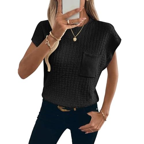 Womens Short Sleeve Sweaters Summer Cap Sleeve Tops Casual Crewneck Oversized Lightweight Knit Sweater Vest