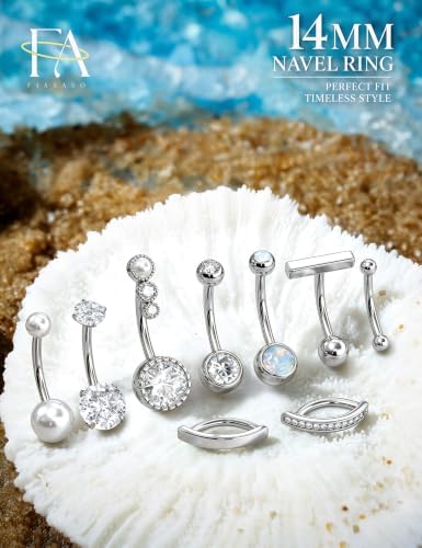 FIASASO 9 Pcs Gold Plated Belly Button Ring Surgical Stainless Steel Belly Rings CZ Opal Pearl Belly Button Ring Clicker Belly Piercings for Women Navel Piercings Pack silver 14mm — view 3