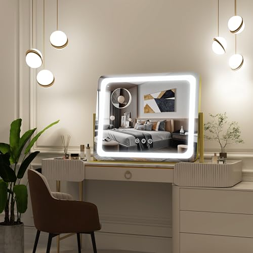 Image of FENNIO Gold Vanity Mirror with Lights 22 inchx19 inch, LED Lighted Makeup Mirror, Large Makeup Mirror, Make up Mirror with Lighting,Touch Screen with 3-Color Lighting,Dimmable,for Vanity Desk Tabletop