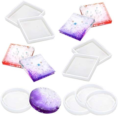 CCCYMM Set of 8 4X4in/3.2x3.2in Silicone Resin Coaster Moulds Including Round and Square Shape for DIY Coaster Home Decoration